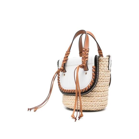 CUBA LAB Woven Straw Tote Bag with Leather Trim Women WHITE Handbags - Picture 3 of 5